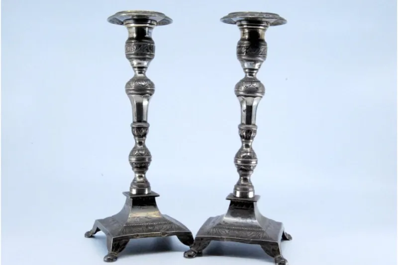 Pamono Silver Candlesticks with Turned and Embossed Shafts, Set of 2> Candleholders