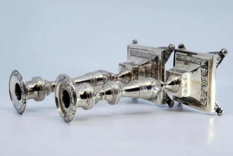Pamono Silver Candlesticks with Engravings of Flowers and Palms, Set of 2> Candleholders