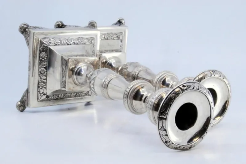 Pamono Silver Candlesticks with Engravings of Flowers and Palms, Set of 2> Candleholders