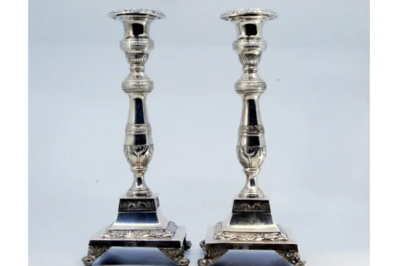 Pamono Silver Candlesticks with Engravings of Flowers and Palms, Set of 2> Candleholders