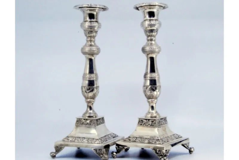 Pamono Silver Candlesticks with Engravings of Flowers and Palms, Set of 2> Candleholders