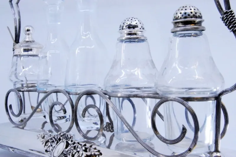Pamono Silver Cruet with Salt and Pepper Shakers, Mustard Jar and Glass Cruets, Set of 6