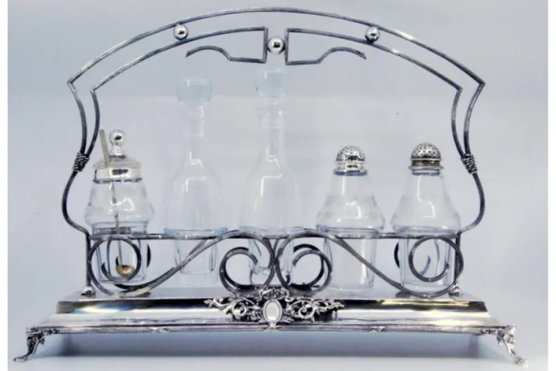 Pamono Silver Cruet with Salt and Pepper Shakers, Mustard Jar and Glass Cruets, Set of 6