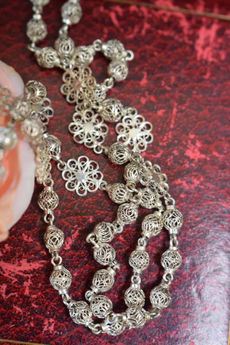 Hot Pamono Silver Filigree Crucifix Rosary Necklace, 1920s