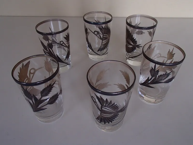 Hot Pamono Silver Inlaid Engraved Shot Glasses, 1930s, Set of 6