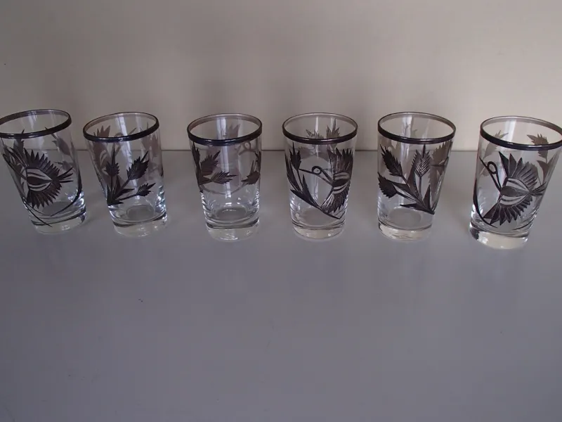 Hot Pamono Silver Inlaid Engraved Shot Glasses, 1930s, Set of 6
