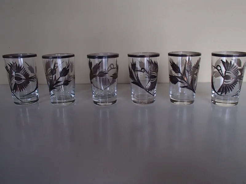Hot Pamono Silver Inlaid Engraved Shot Glasses, 1930s, Set of 6