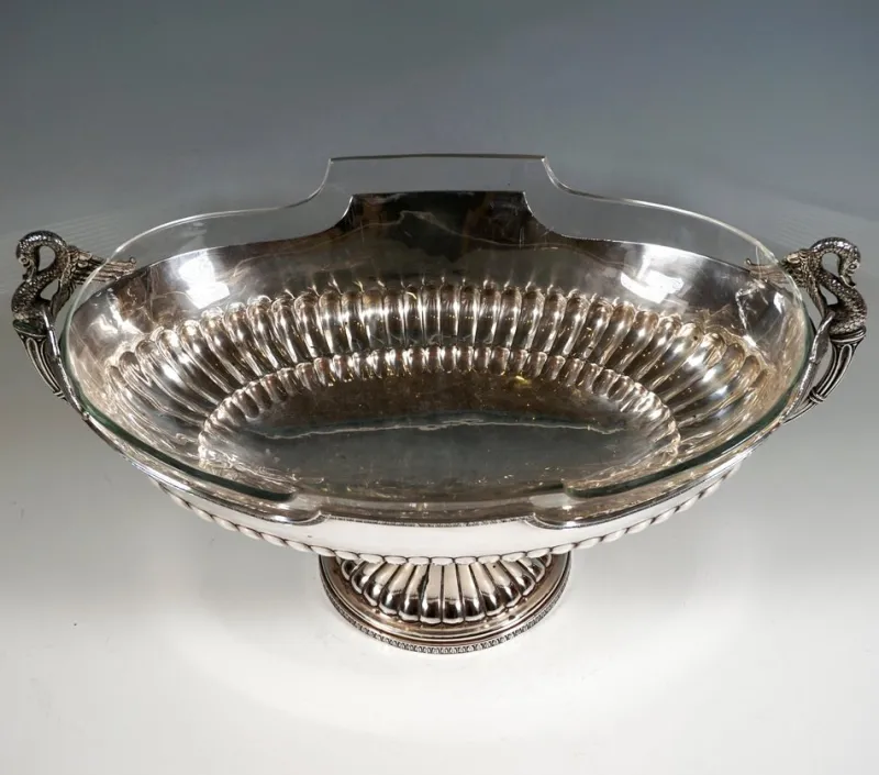 Pamono Silver Jardiniere with Swan Busts and Glass Inlay from Pietrasanta & C., Italy, 1950> Dinnerware Accessories