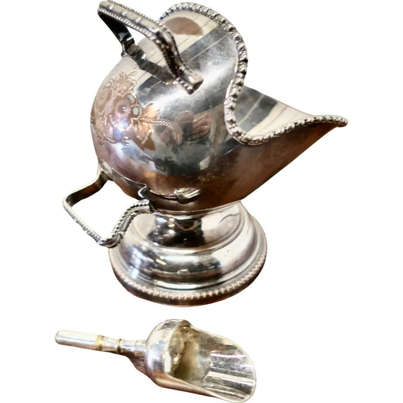 Pamono Silver Plated Novelty Sugar Scuttle with Original Scoop, 1920s, Set of 2> Serving Dishes