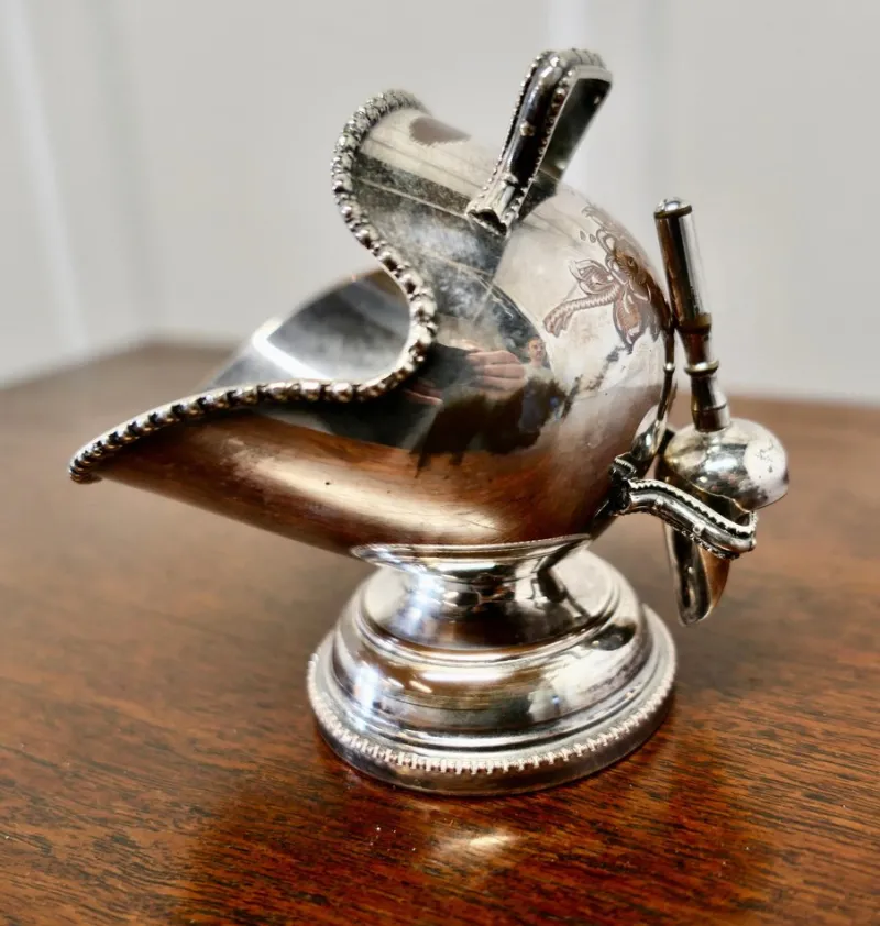 Pamono Silver Plated Novelty Sugar Scuttle with Original Scoop, 1920s, Set of 2> Serving Dishes