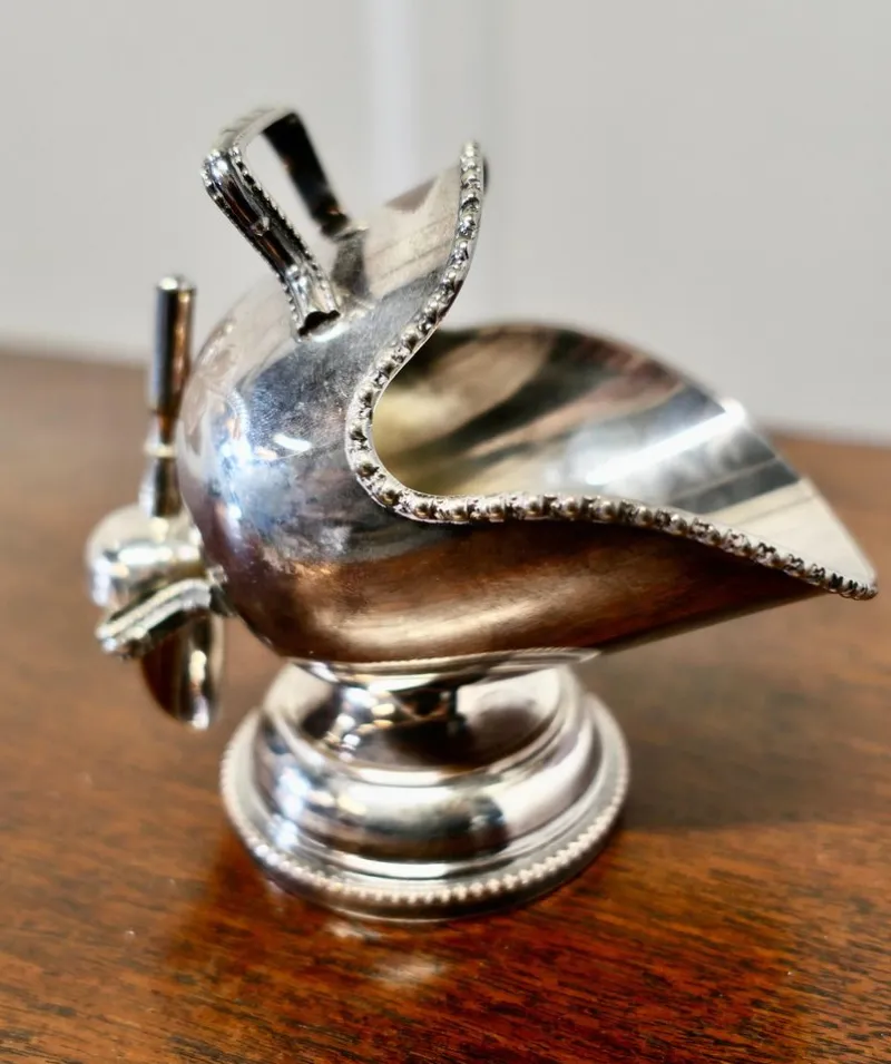 Pamono Silver Plated Novelty Sugar Scuttle with Original Scoop, 1920s, Set of 2> Serving Dishes