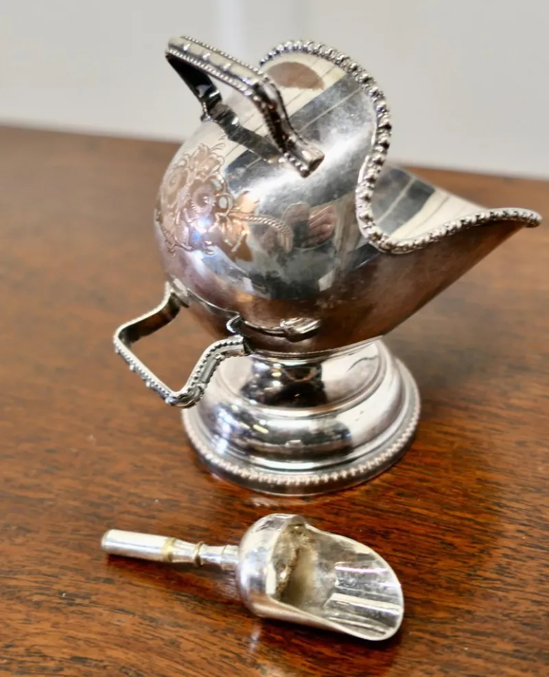 Pamono Silver Plated Novelty Sugar Scuttle with Original Scoop, 1920s, Set of 2> Serving Dishes