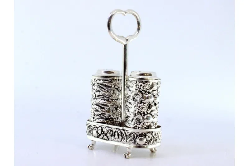Pamono Silver Salt and Pepper Shakers with Embossed Floral Motifs> Salt & Pepper Shakers