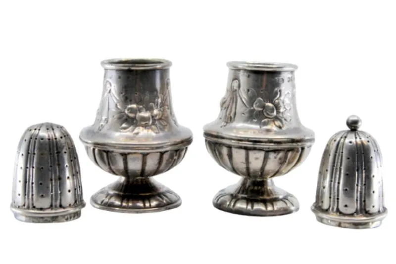 Pamono Silver Salt and Pepper Shaker with Raised Plant Elements, Set of 2