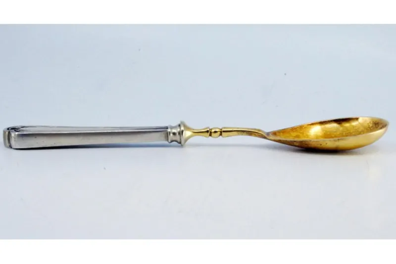 Pamono Silver Sauce Spoon with Golden Shell and Raised Stripes> Cutlery & Serving Utensils