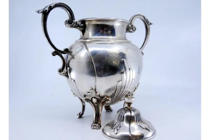 Pamono Silver Sugar Bowl with Segments, Scrolls, Raised Application Handles and Feet> Coffee & Tea Service