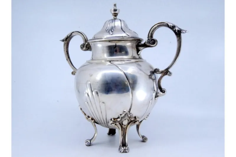 Pamono Silver Sugar Bowl with Segments, Scrolls, Raised Application Handles and Feet> Coffee & Tea Service
