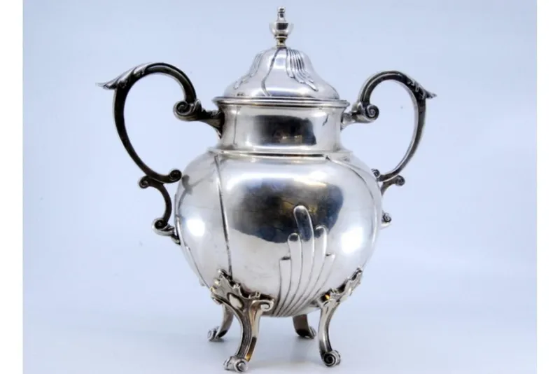 Pamono Silver Sugar Bowl with Segments, Scrolls, Raised Application Handles and Feet> Coffee & Tea Service