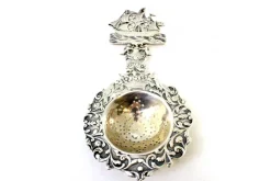 Hot Pamono Silver Tea Strainer with Reliefs, Applications and Caravel Cut-Out Handle
