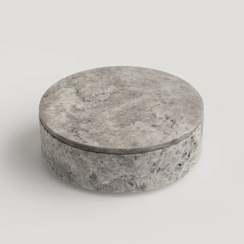 Discount Pamono Silver Travertine Cylinder Bowl with Lid from Kiwano Concept