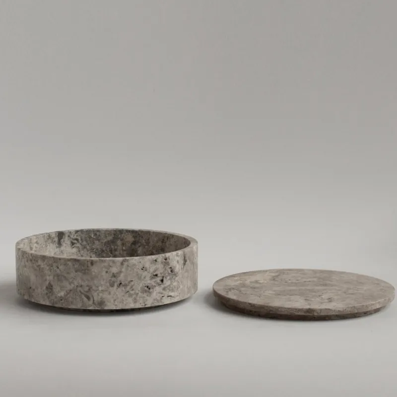 Discount Pamono Silver Travertine Cylinder Bowl with Lid from Kiwano Concept