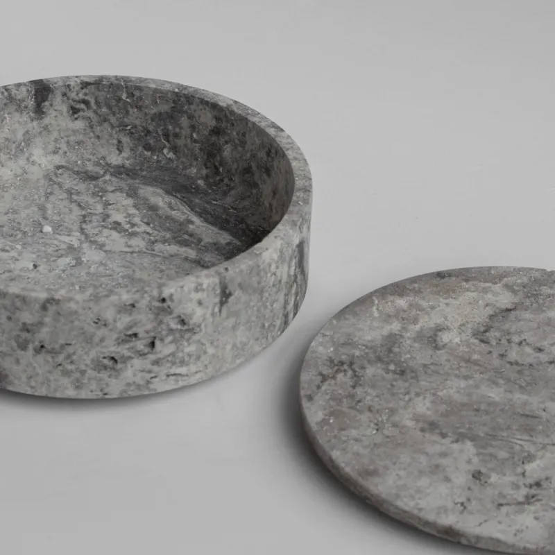 Discount Pamono Silver Travertine Cylinder Bowl with Lid from Kiwano Concept