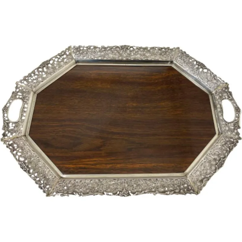 Pamono Silver Tray with Wooden Melamine by H. Hooijkaas, 1974> Trays