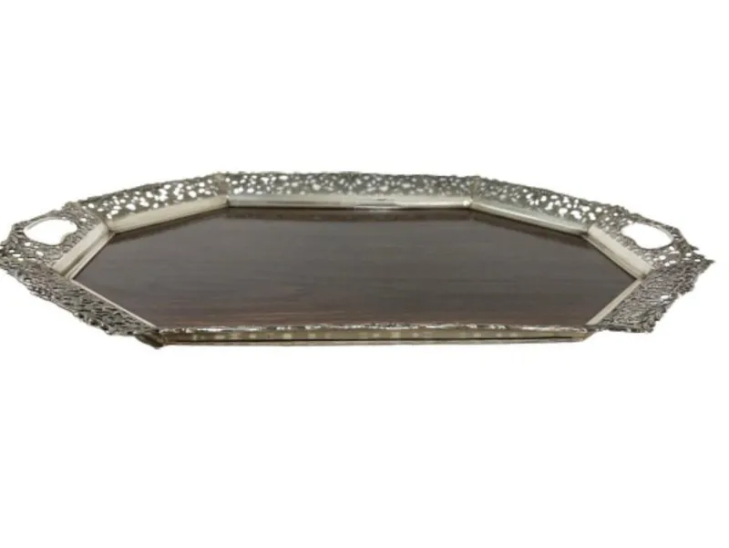 Pamono Silver Tray with Wooden Melamine by H. Hooijkaas, 1974> Trays