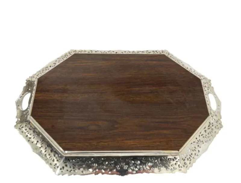 Pamono Silver Tray with Wooden Melamine by H. Hooijkaas, 1974> Trays