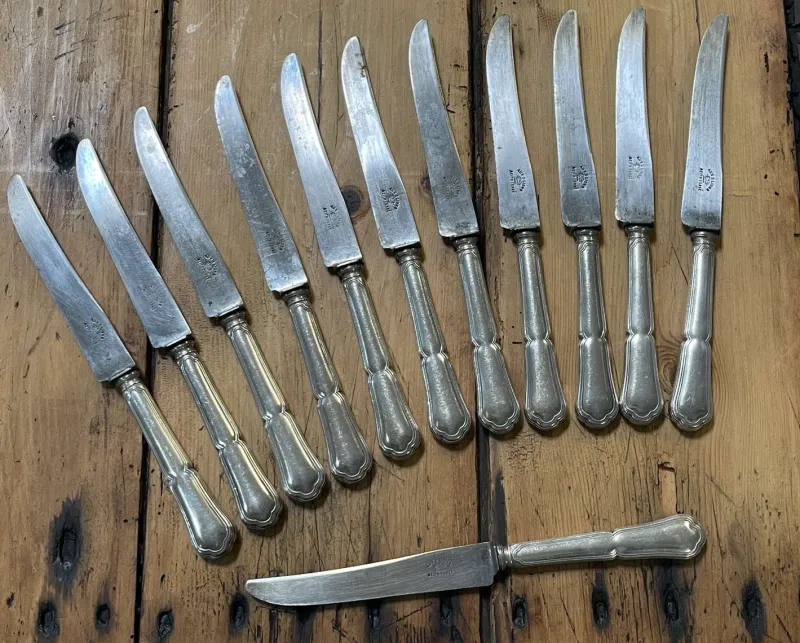 Sale Pamono Silver-Plated Metal Knives with Steel Blades, Early 20th Century, Set of 12