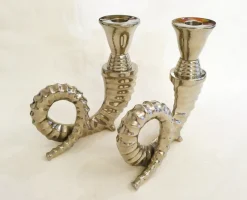 Pamono Silver-Plated Rams Horn Candlesticks from Chapman House, 1970s, Set of 2> Candleholders