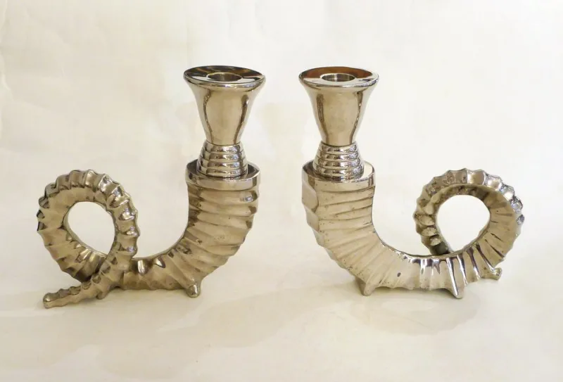Pamono Silver-Plated Rams Horn Candlesticks from Chapman House, 1970s, Set of 2> Candleholders
