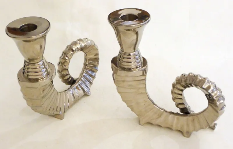 Pamono Silver-Plated Rams Horn Candlesticks from Chapman House, 1970s, Set of 2> Candleholders