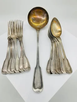 Sale Pamono Silver-Plated Soup Cutlery Set with Spoons, Fork and Ladle from Christofle, France, 1900s, Set of 13