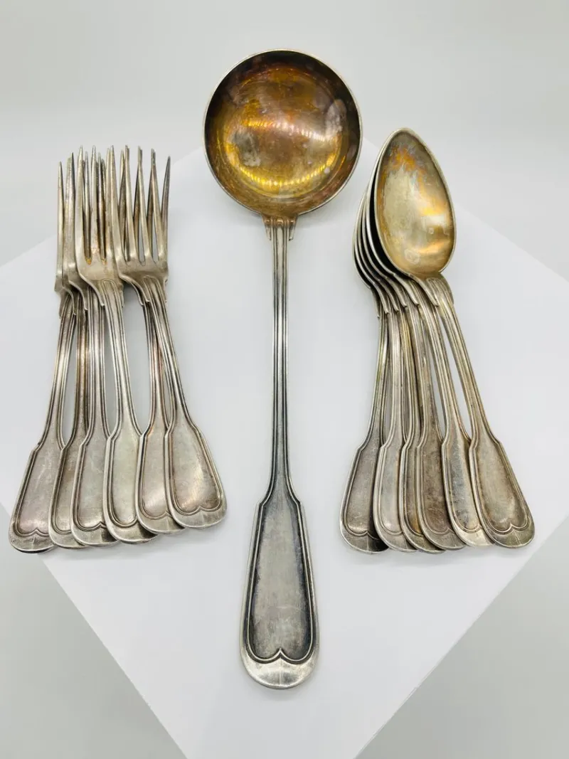 Sale Pamono Silver-Plated Soup Cutlery Set with Spoons, Fork and Ladle from Christofle, France, 1900s, Set of 13