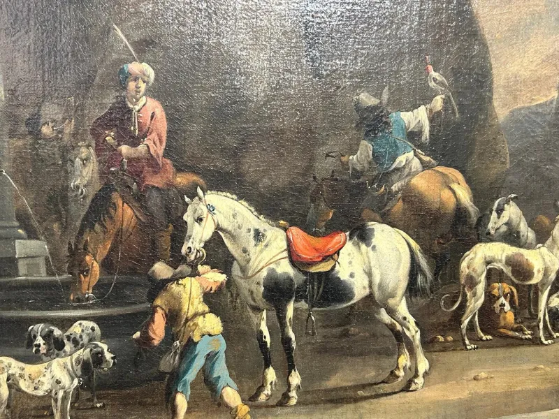 Pamono Simon Van Douw, Hunting Scene with Falconer, 1600s, Painting> Old Masters