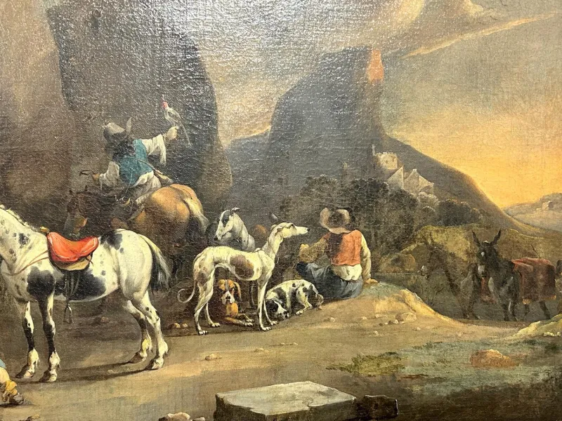 Pamono Simon Van Douw, Hunting Scene with Falconer, 1600s, Painting> Old Masters