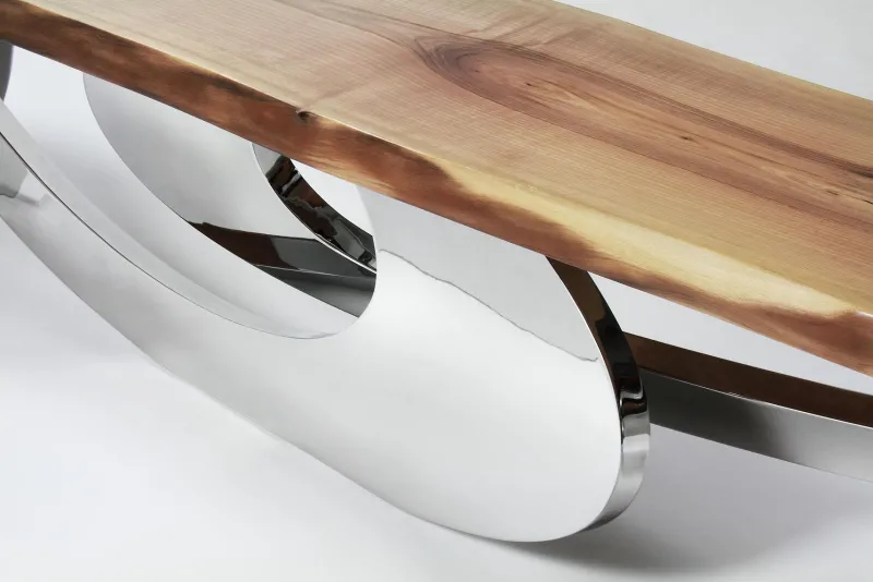 Pamono Sitz! Bench in Wood and Polished Stainless Steel by Barberini & Gunnell> Seating|Benches