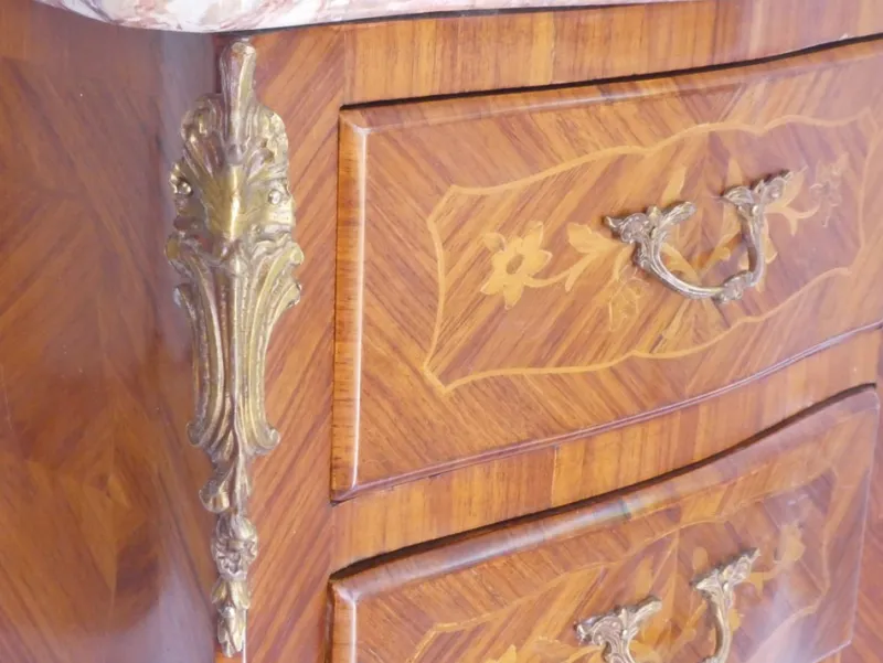 Clearance Pamono Small Antique Louis XV Style Wooden Nightstand with Marquetry Details, Brown Marble Top and Brass Details