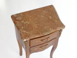 Clearance Pamono Small Antique Louis XV Style Wooden Nightstand with Marquetry Details, Brown Marble Top and Brass Details