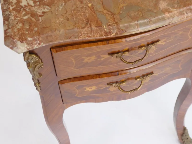Clearance Pamono Small Antique Louis XV Style Wooden Nightstand with Marquetry Details, Brown Marble Top and Brass Details