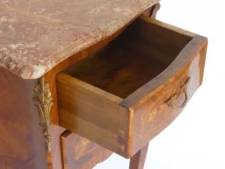 Clearance Pamono Small Antique Louis XV Style Wooden Nightstand with Marquetry Details, Brown Marble Top and Brass Details