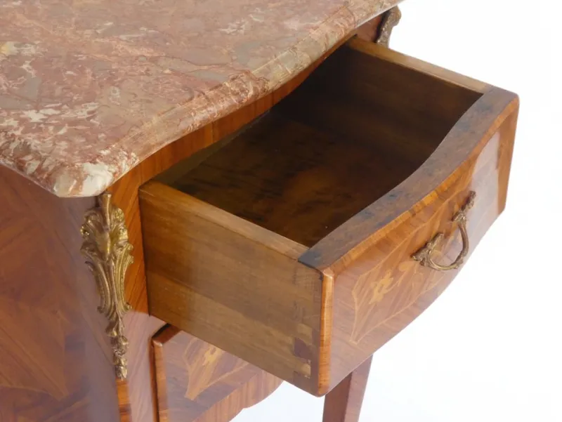 Clearance Pamono Small Antique Louis XV Style Wooden Nightstand with Marquetry Details, Brown Marble Top and Brass Details