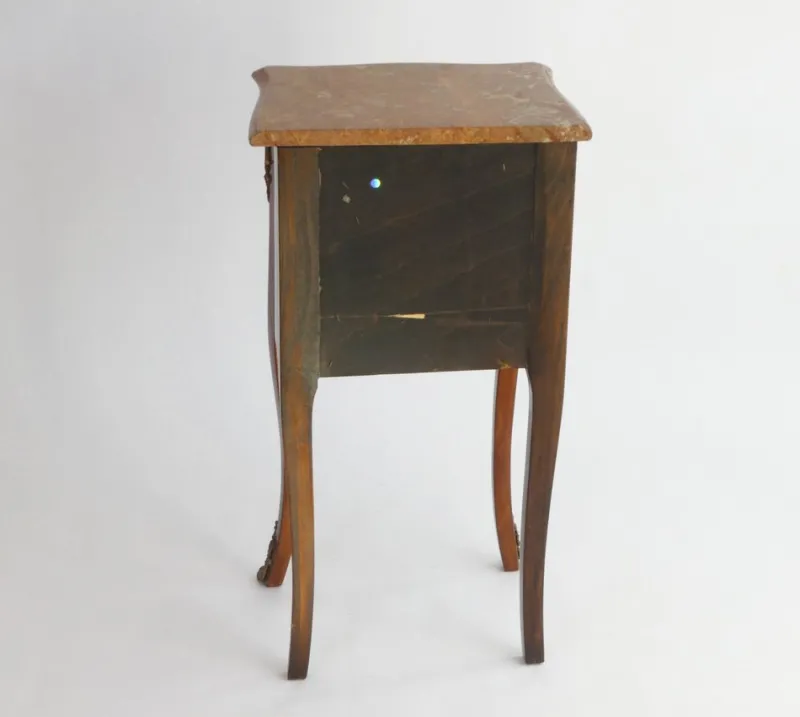 Clearance Pamono Small Antique Louis XV Style Wooden Nightstand with Marquetry Details, Brown Marble Top and Brass Details