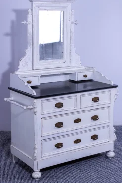 Discount Pamono Small Antique White Pine Chest of 4 Drawers with Marble Top and Mirror, Late 19th Century