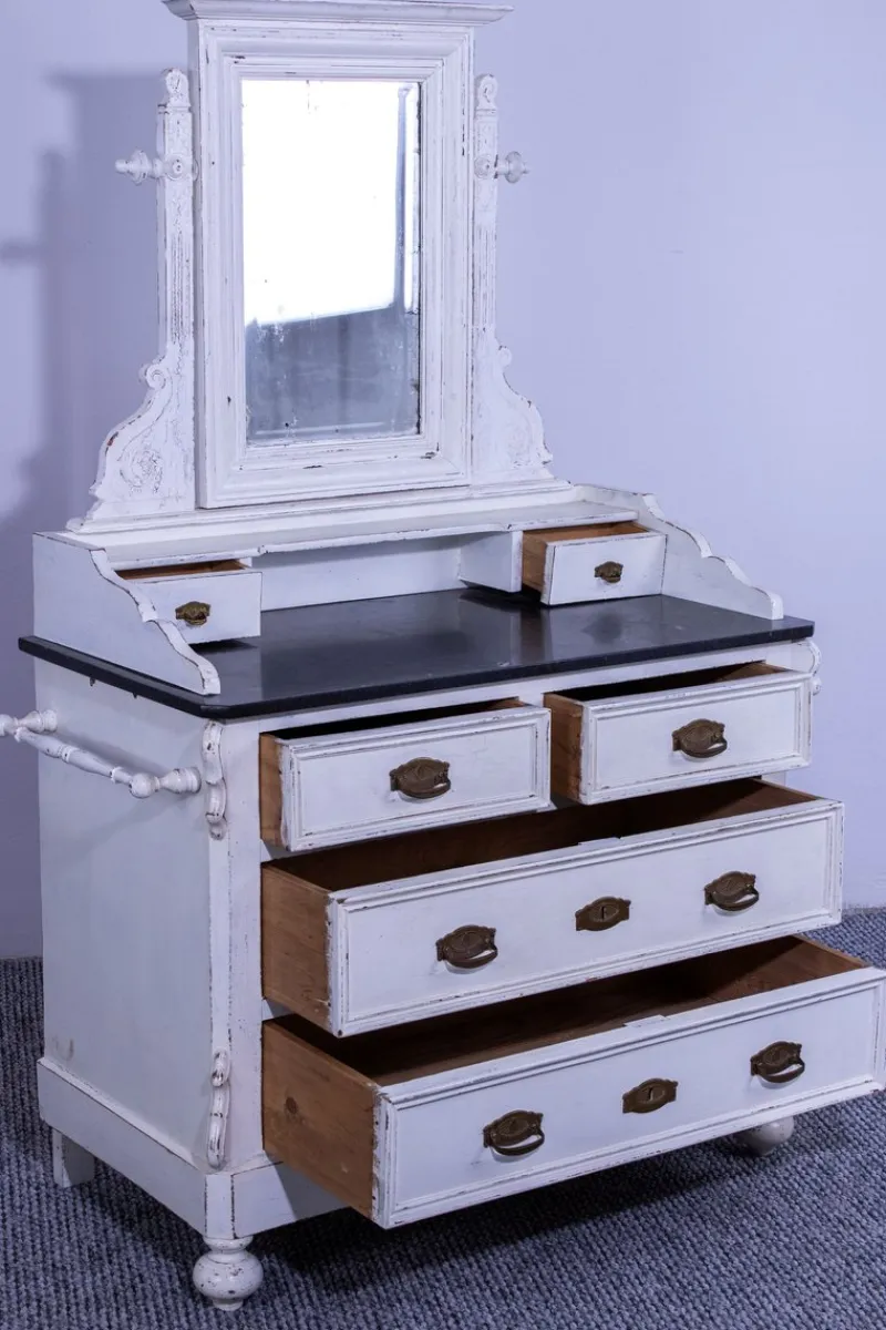 Discount Pamono Small Antique White Pine Chest of 4 Drawers with Marble Top and Mirror, Late 19th Century
