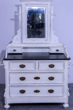 Discount Pamono Small Antique White Pine Chest of 4 Drawers with Marble Top and Mirror, Late 19th Century