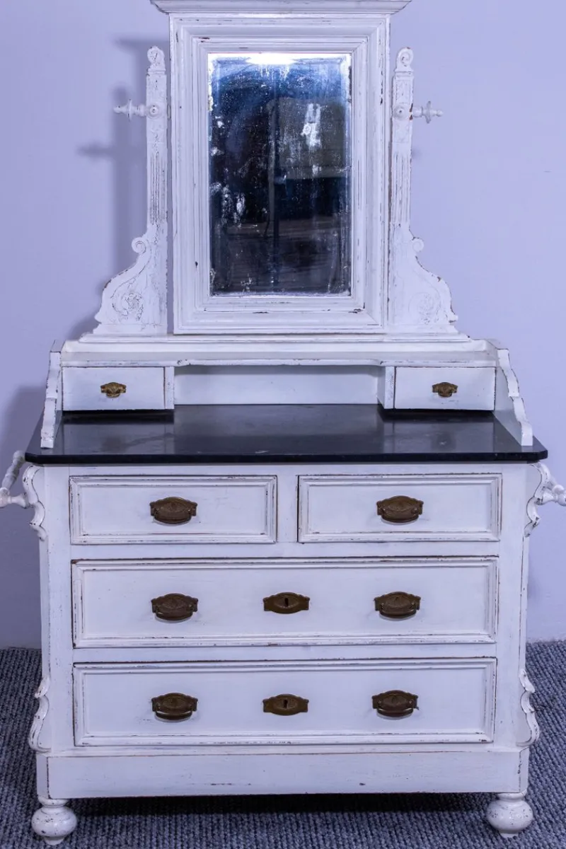 Discount Pamono Small Antique White Pine Chest of 4 Drawers with Marble Top and Mirror, Late 19th Century