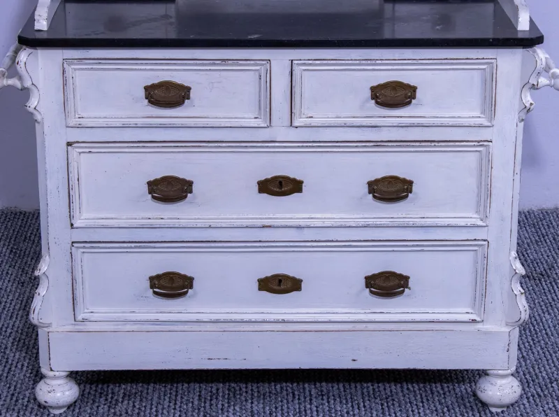 Discount Pamono Small Antique White Pine Chest of 4 Drawers with Marble Top and Mirror, Late 19th Century