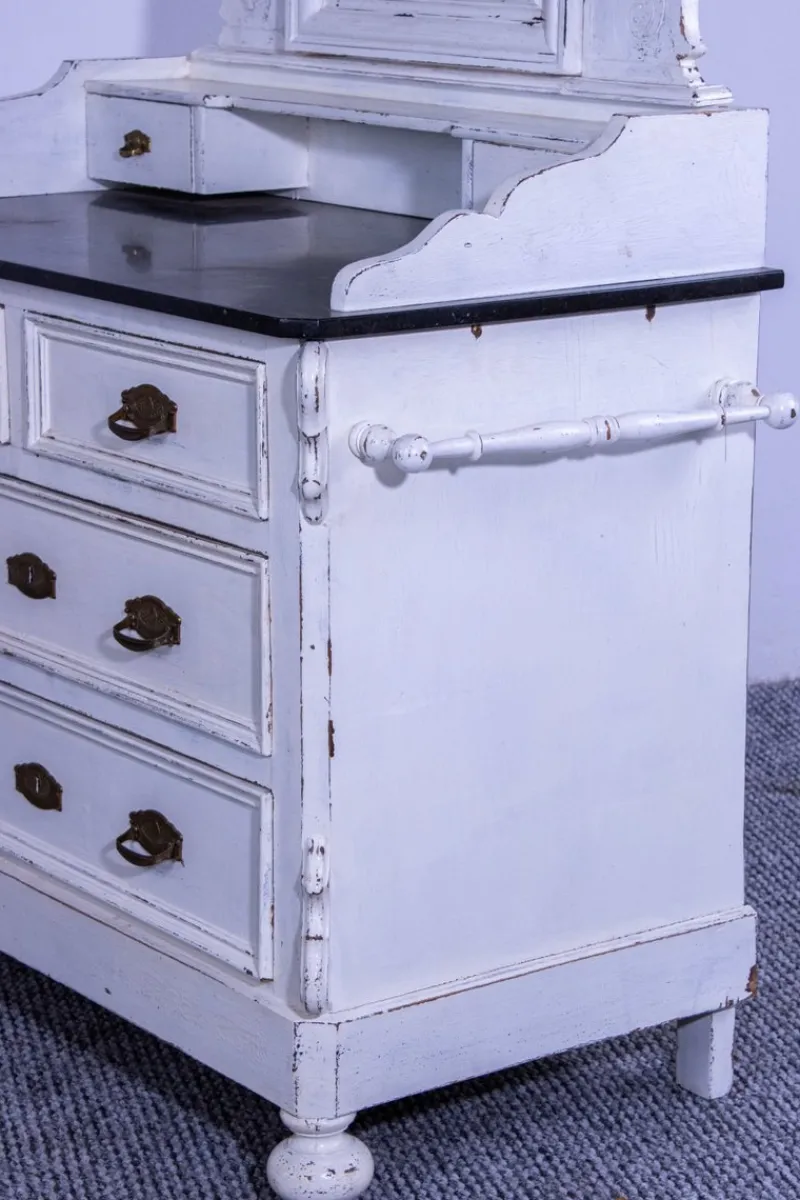Discount Pamono Small Antique White Pine Chest of 4 Drawers with Marble Top and Mirror, Late 19th Century
